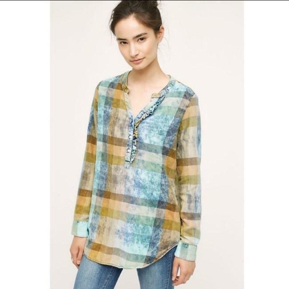 Women’s ANTHROPOLOGIE Isabella Sinclair plaid ruffled tunic acid wash top-Size M
